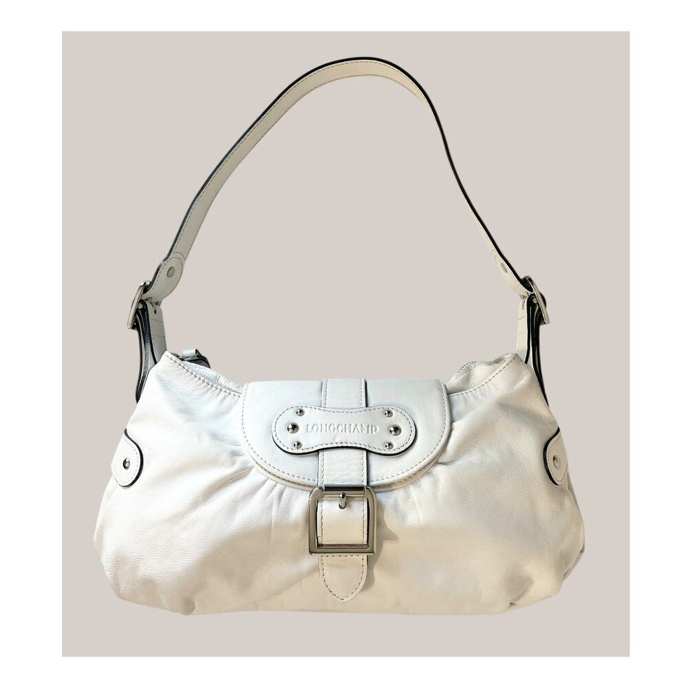 Longchamp Idole White Leather Shoulder Bag Silver Buckle Studded Y2K Baguette